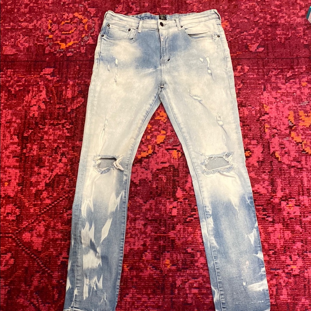 PRPS Stylish Light Blue Distressed Men's Jeans with Pink Splatter detailed